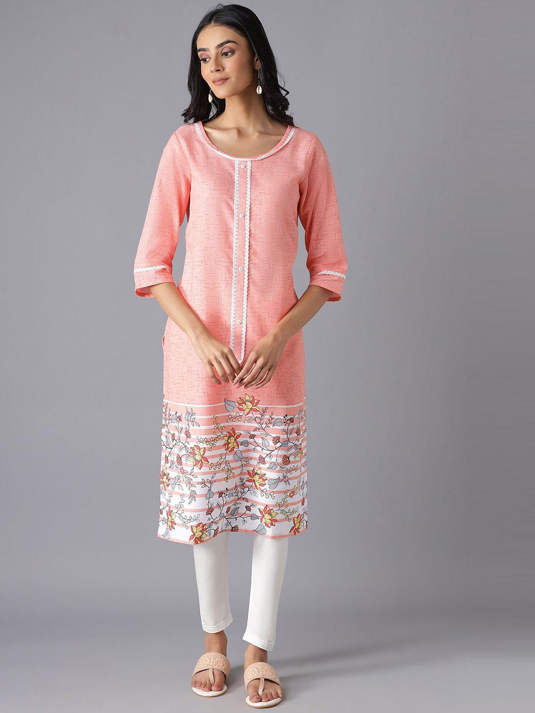 aurelia women peach-coloured & white floral printed kurta