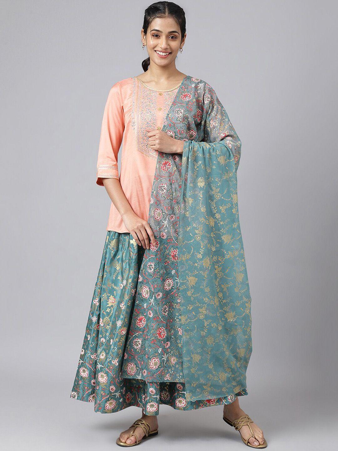 aurelia women peach-coloured ethnic motifs kurta with churidar & with dupatta