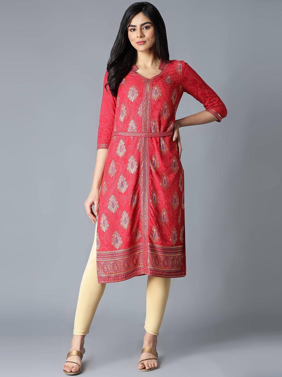 aurelia women peach-coloured ethnic motifs printed keyhole neck flared sleeves kurta