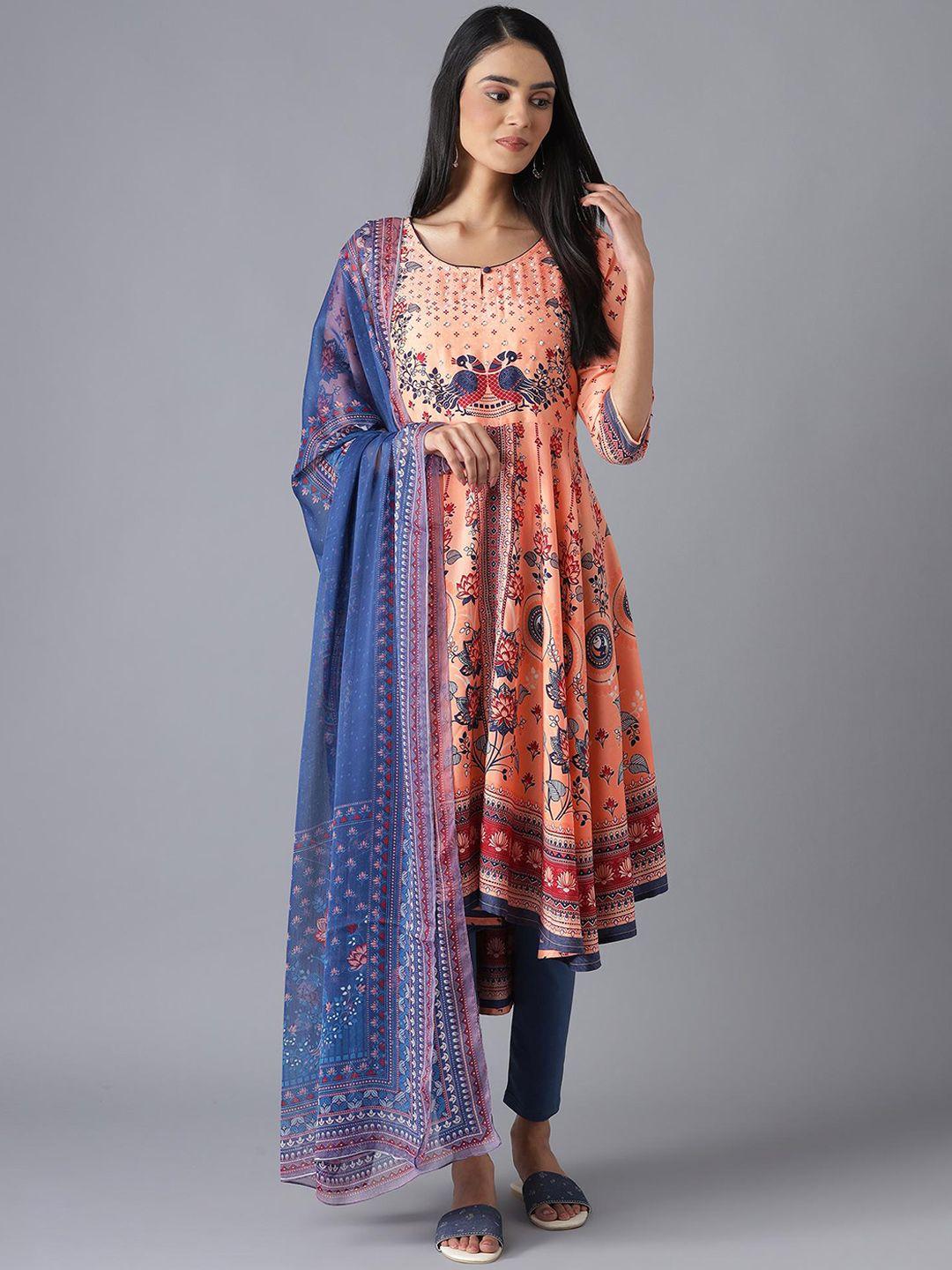 aurelia women peach-coloured ethnic motifs printed kurta with churidar & with dupatta