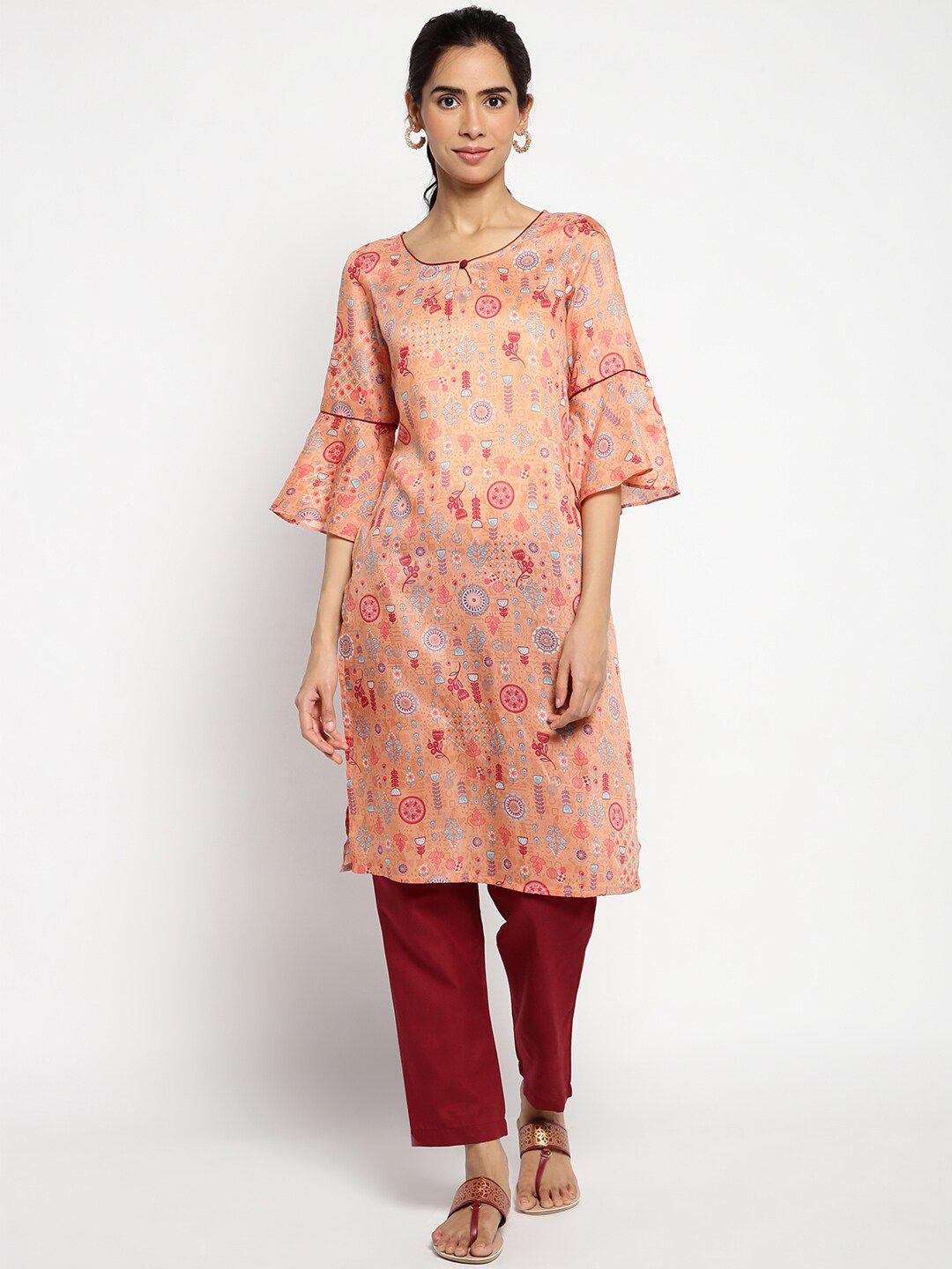 aurelia women peach-coloured ethnic motifs printed kurta with trouser