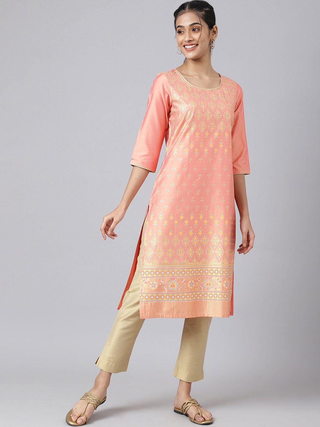 aurelia women peach-coloured ethnic motifs printed kurta