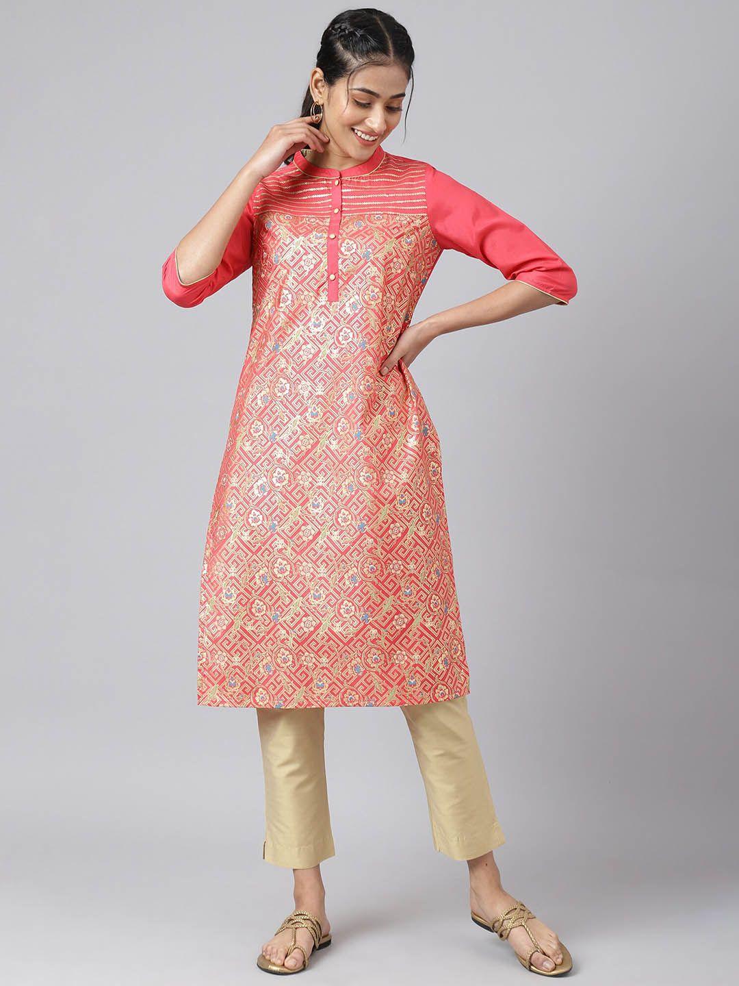 aurelia women peach-coloured floral printed kurta