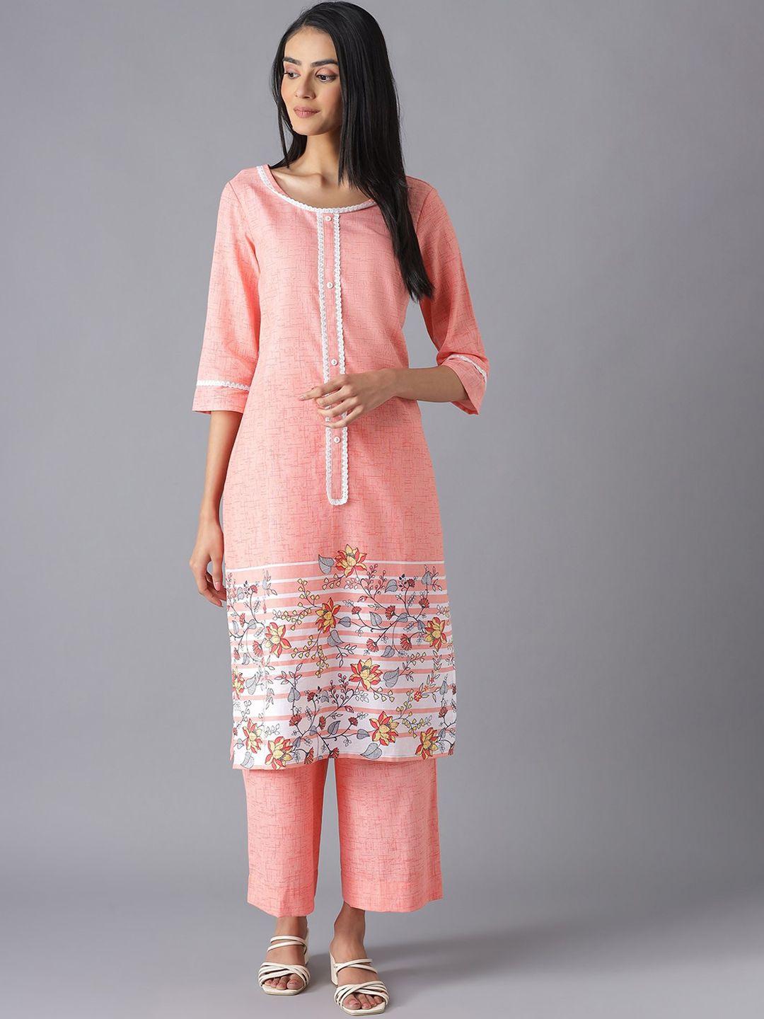 aurelia women peach-coloured floral printed panelled kurta with palazzos