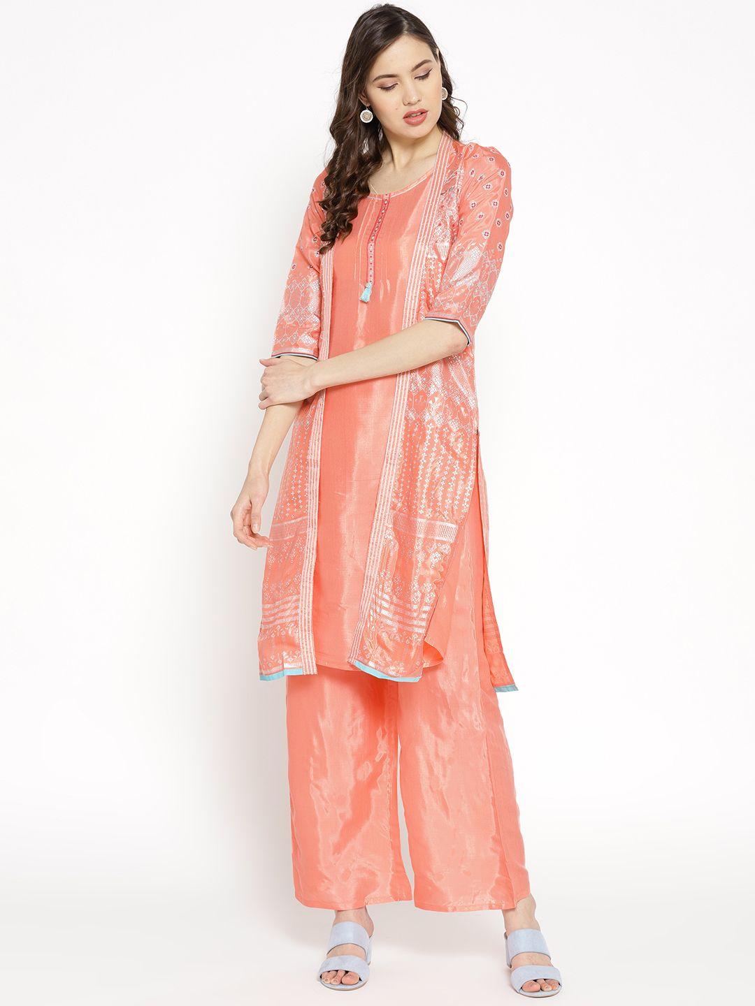 aurelia women peach-coloured printed kurta with palazzos