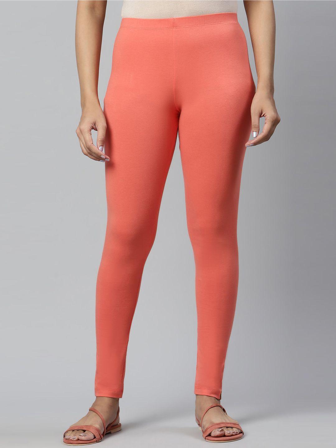 aurelia women peach-coloured solid ankle length leggings