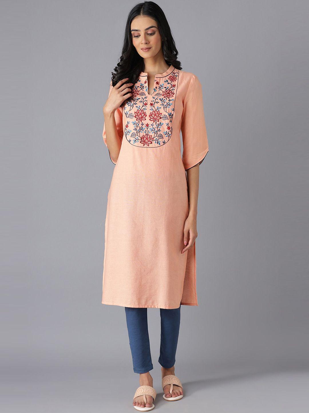 aurelia women peach-coloured yoke design thread work kurta