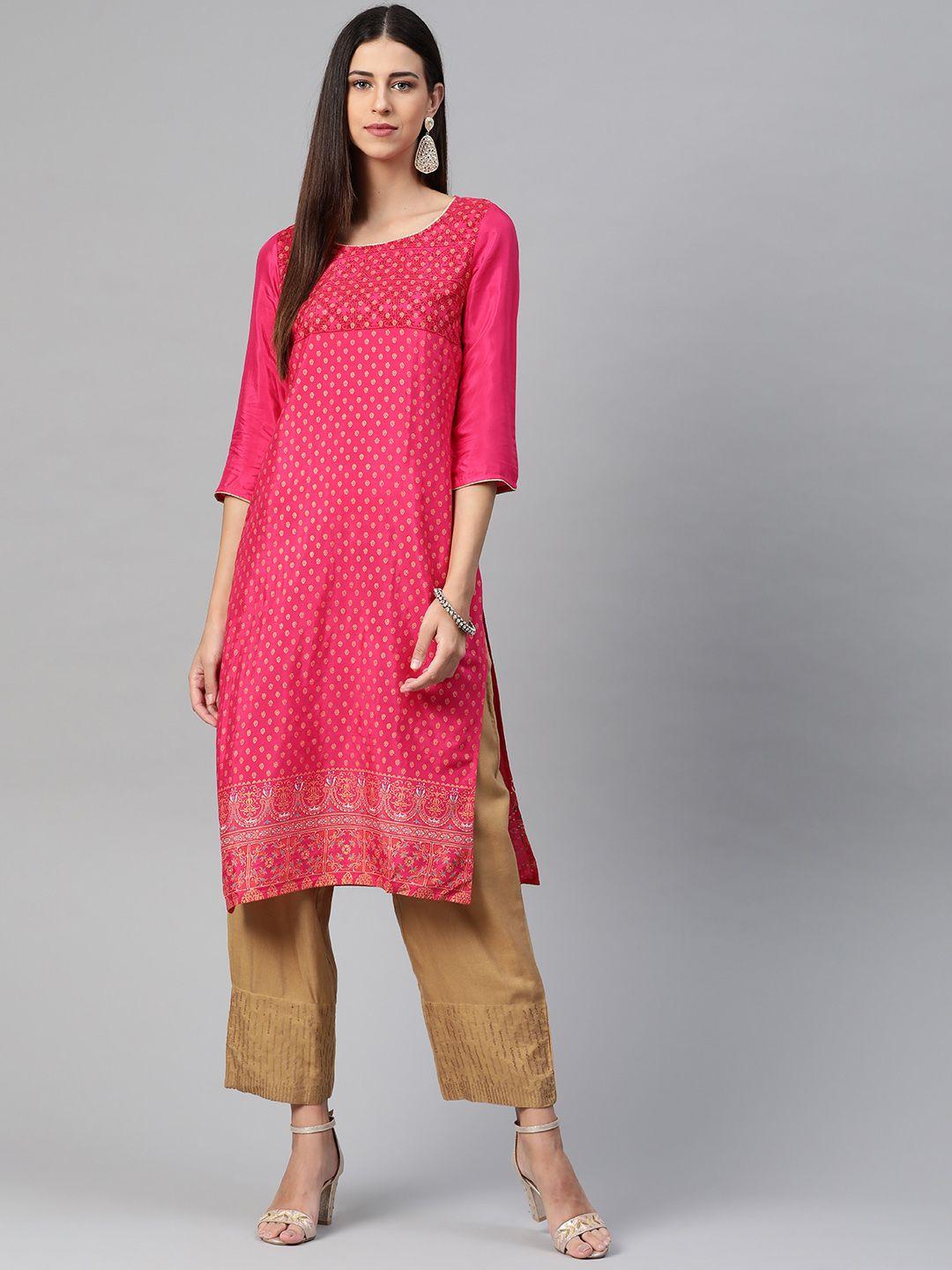 aurelia women pink & golden geometric printed kurta