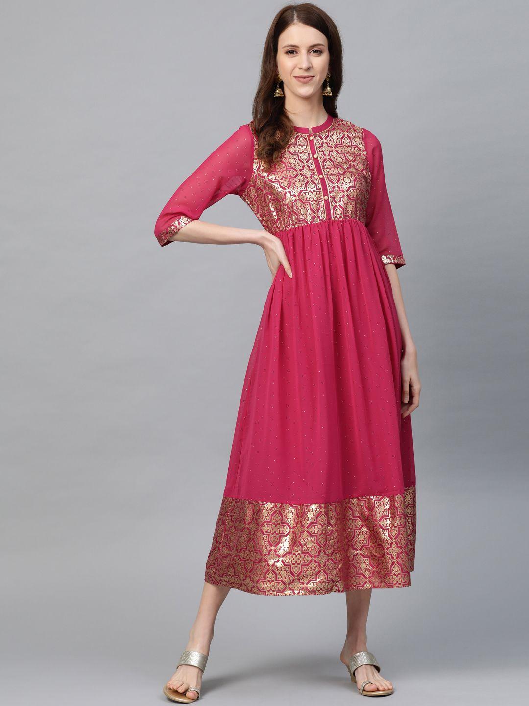aurelia women pink & golden printed a-line dress