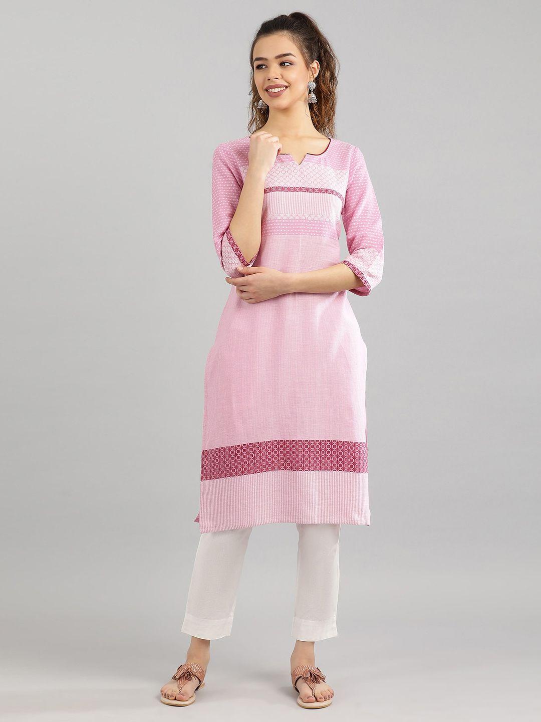 aurelia women pink & white embroidered thread work cotton kurta