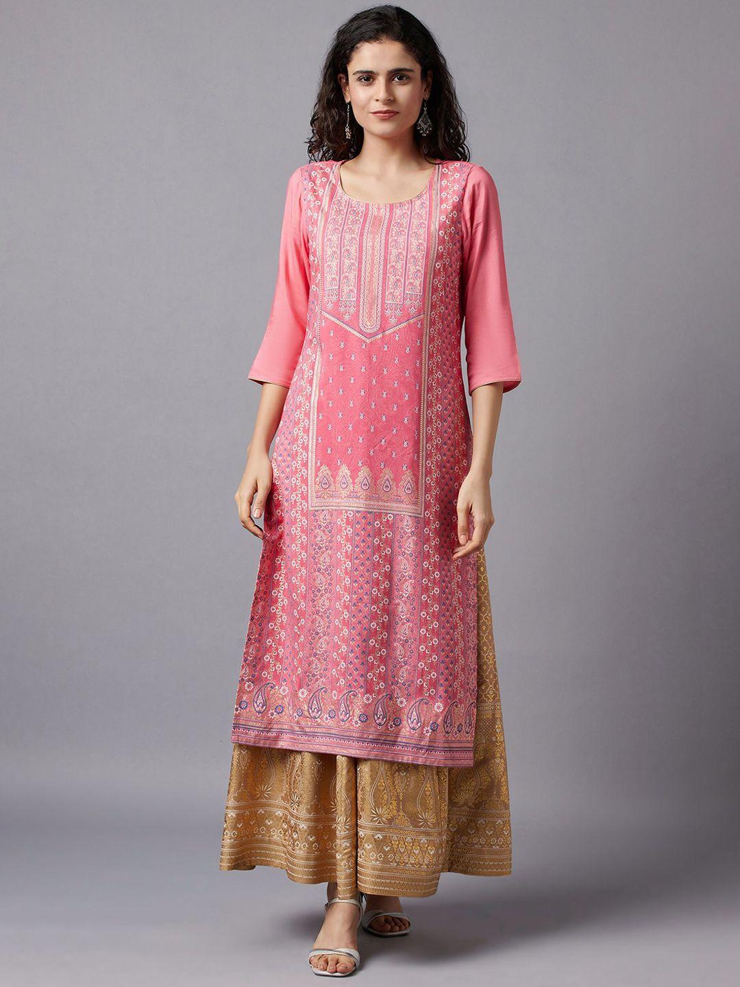 aurelia women pink & white ethnic motifs printed liva kurta