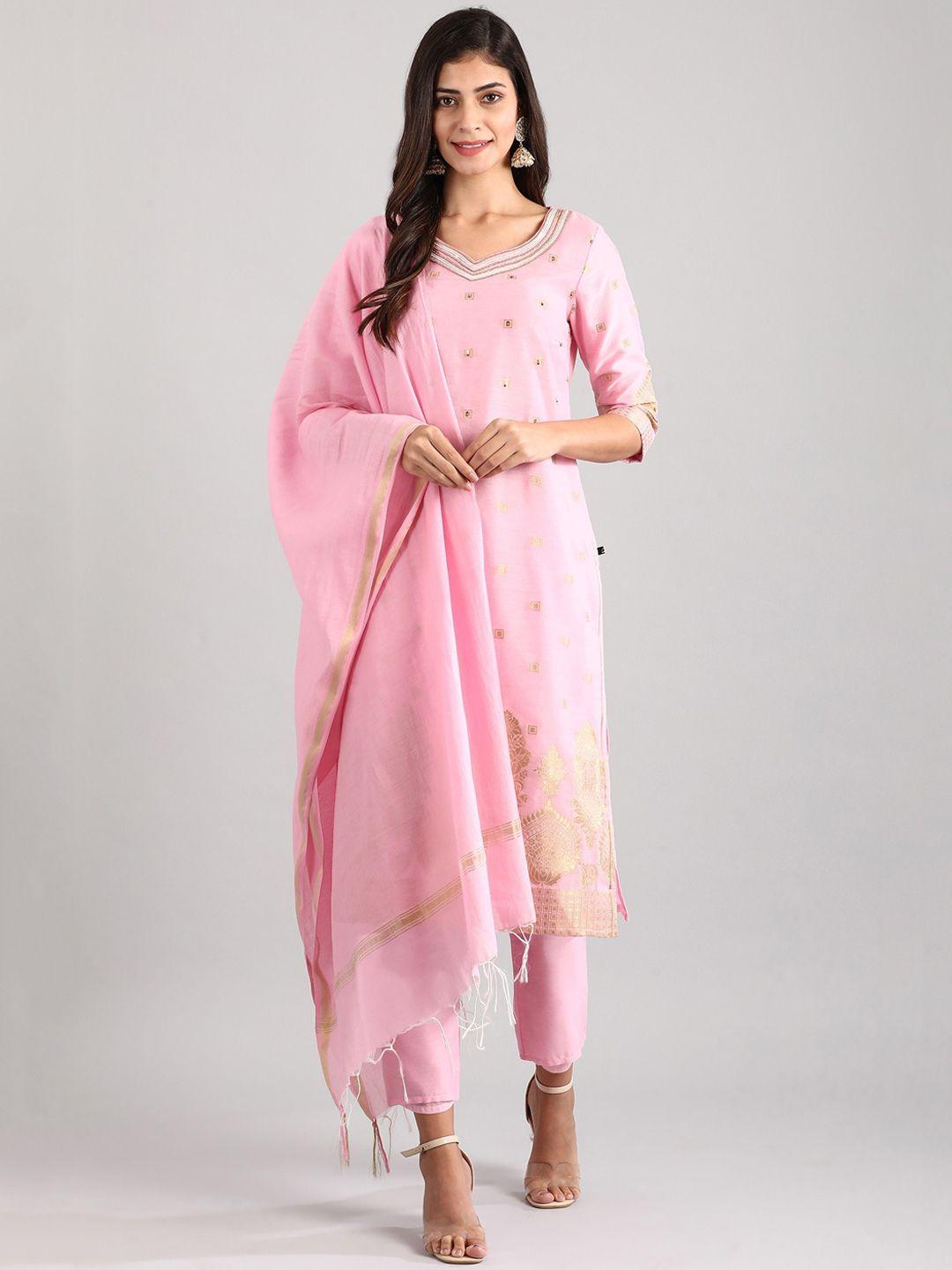 aurelia women pink ethnic motifs printed beads and stones kurta with churidar & dupatta