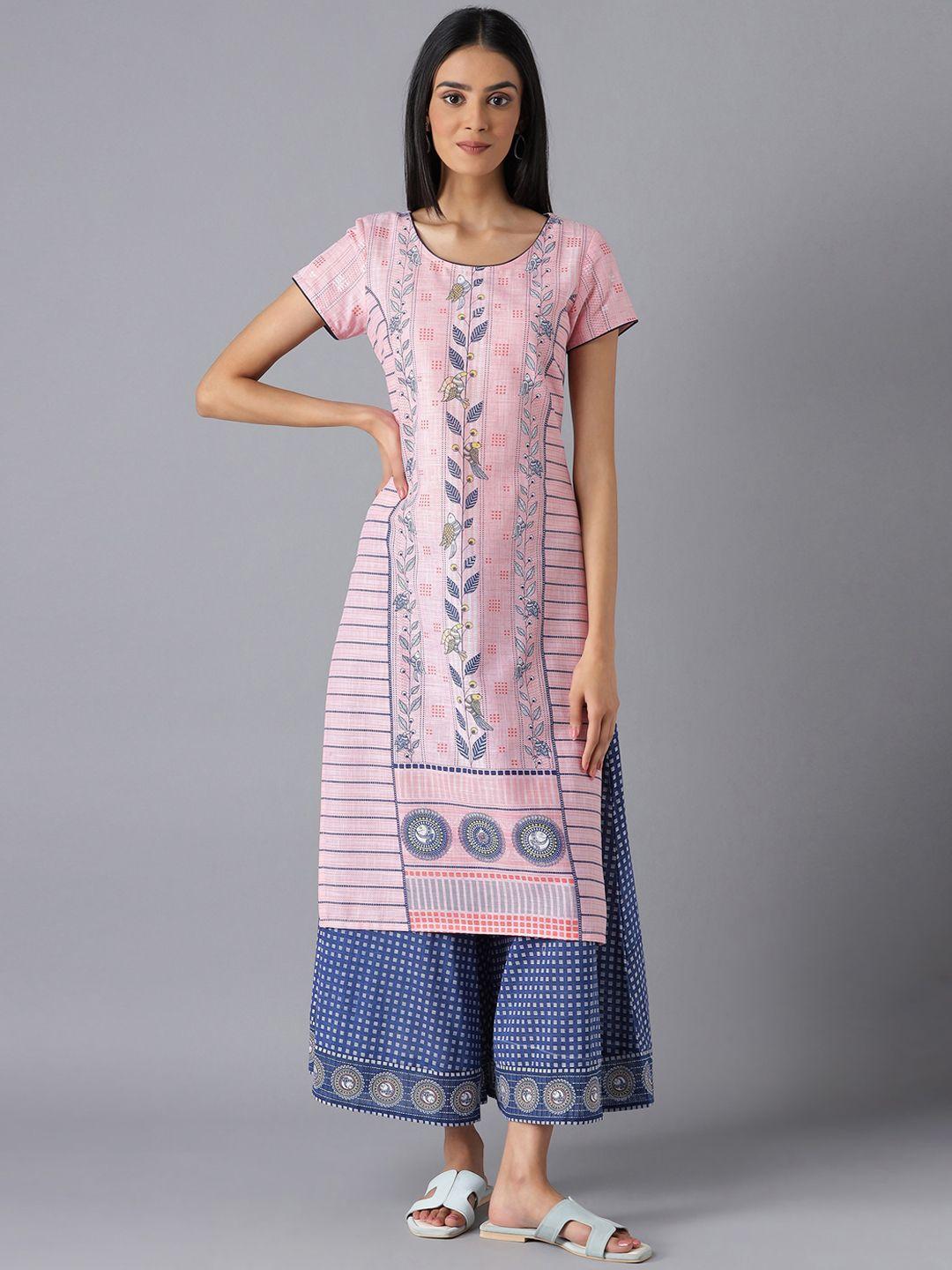 aurelia women pink ethnic motifs printed flared sleeves thread work kurta