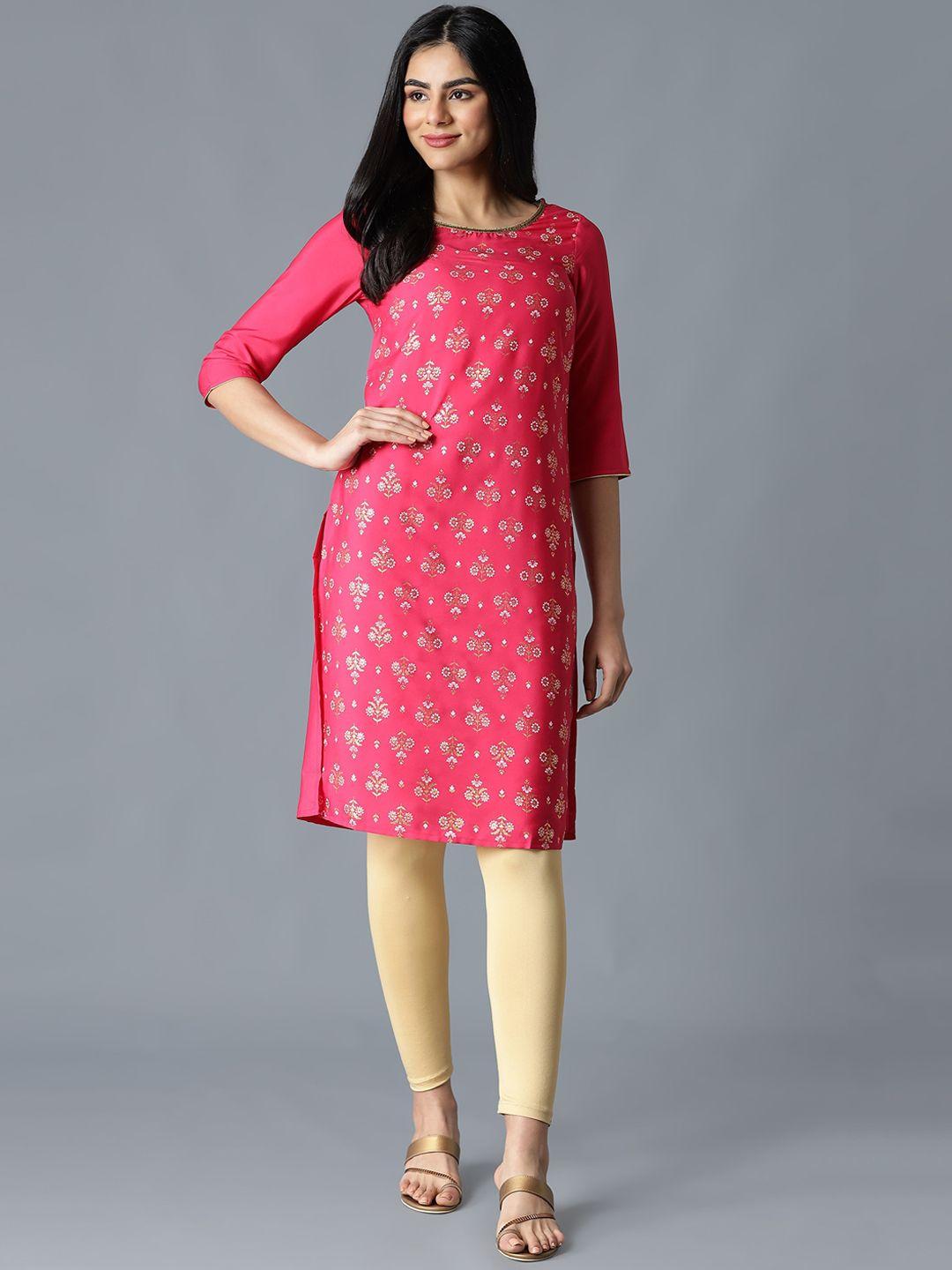 aurelia women pink ethnic motifs printed flared sleeves thread work kurta