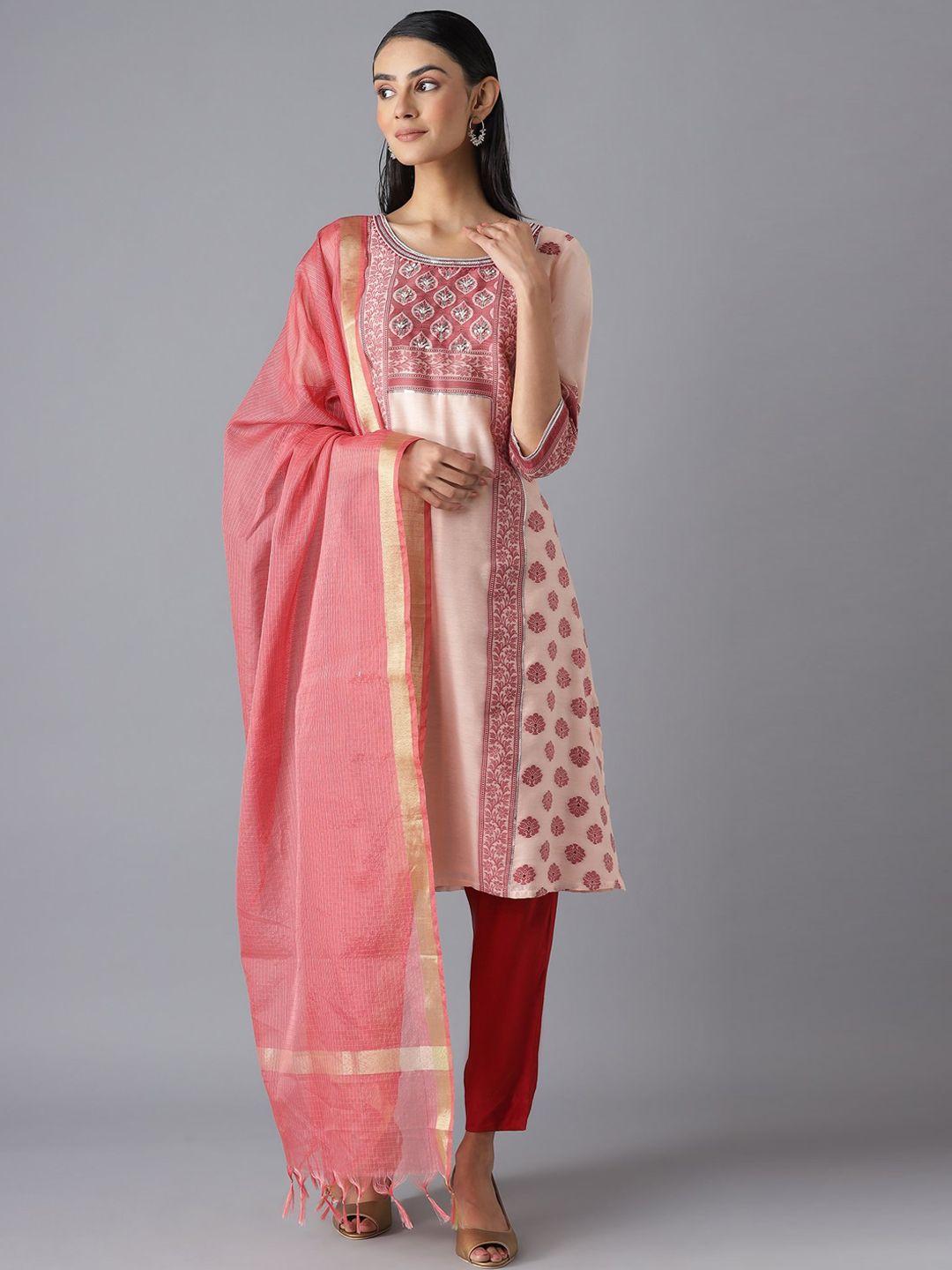 aurelia women pink ethnic motifs printed kurta with trousers & with dupatta