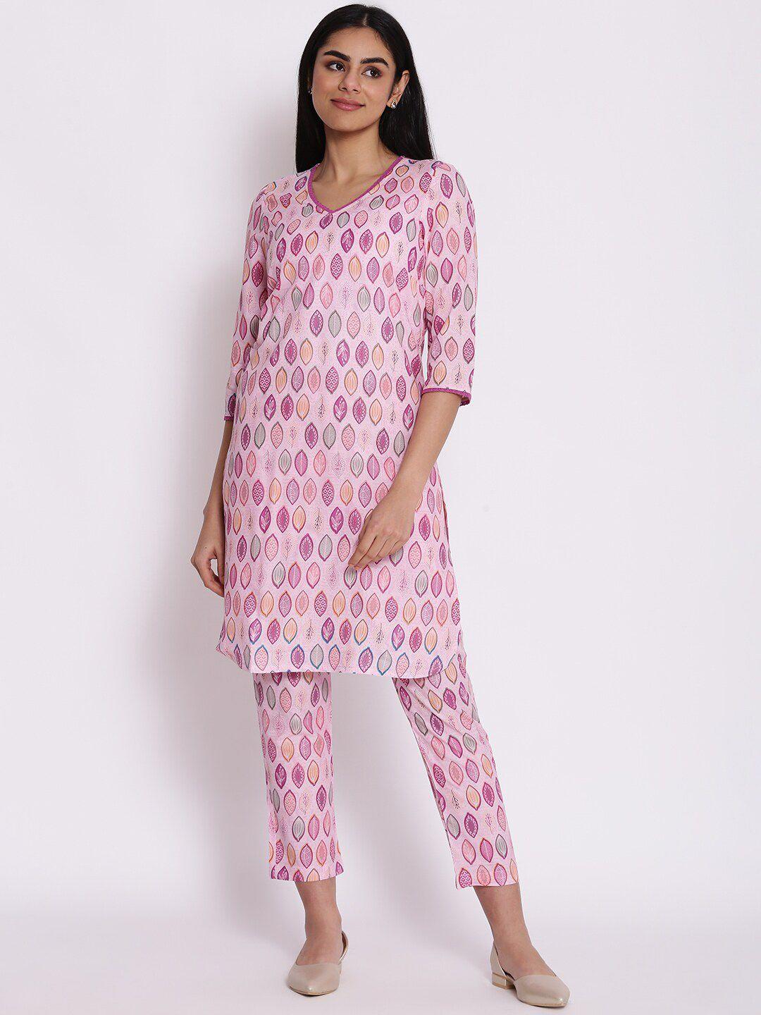 aurelia women pink floral printed kurta with trousers