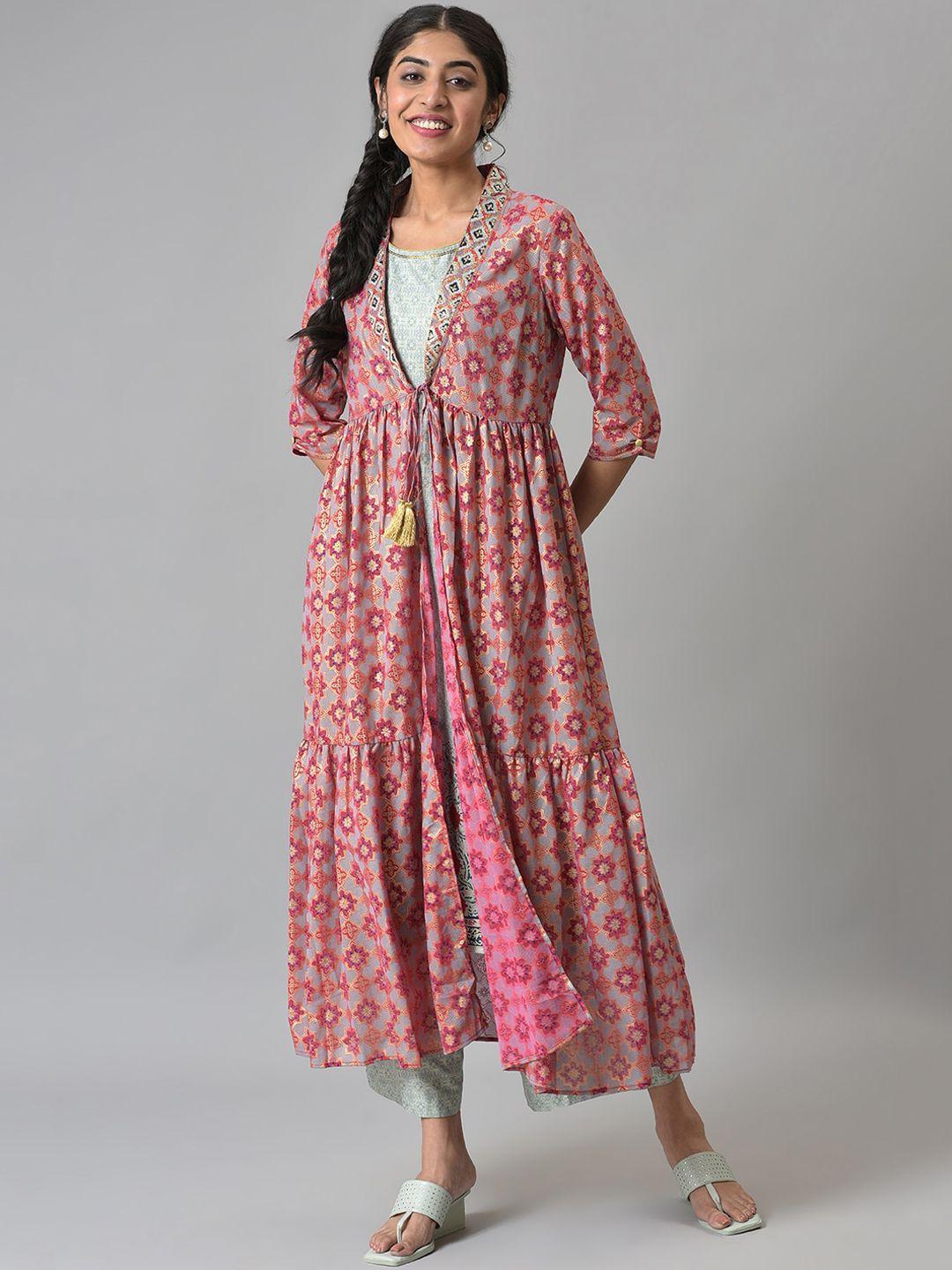 aurelia women pink printed layered thread work liva kurta with trousers