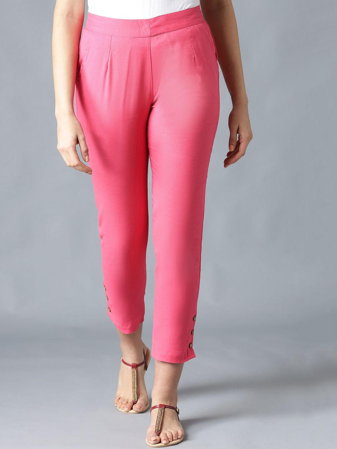 aurelia women pink solid high-rise cotton trousers