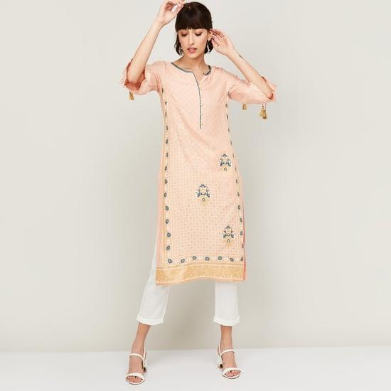 aurelia women printed notched neck straight kurta