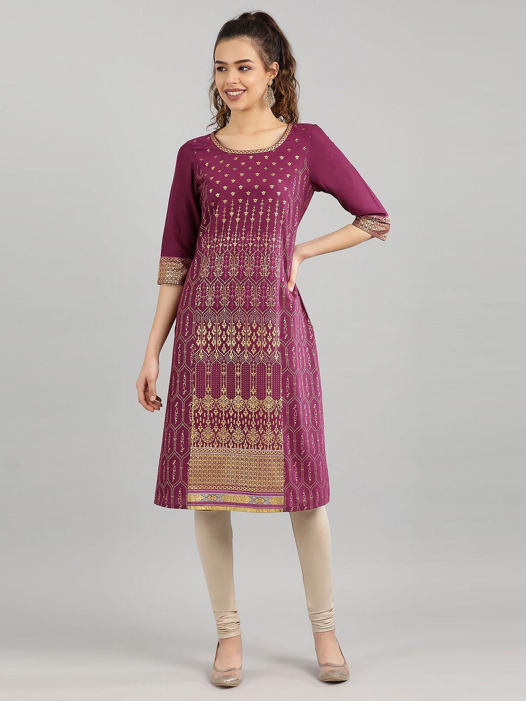 aurelia women purple & gold-toned ethnic motifs kurta