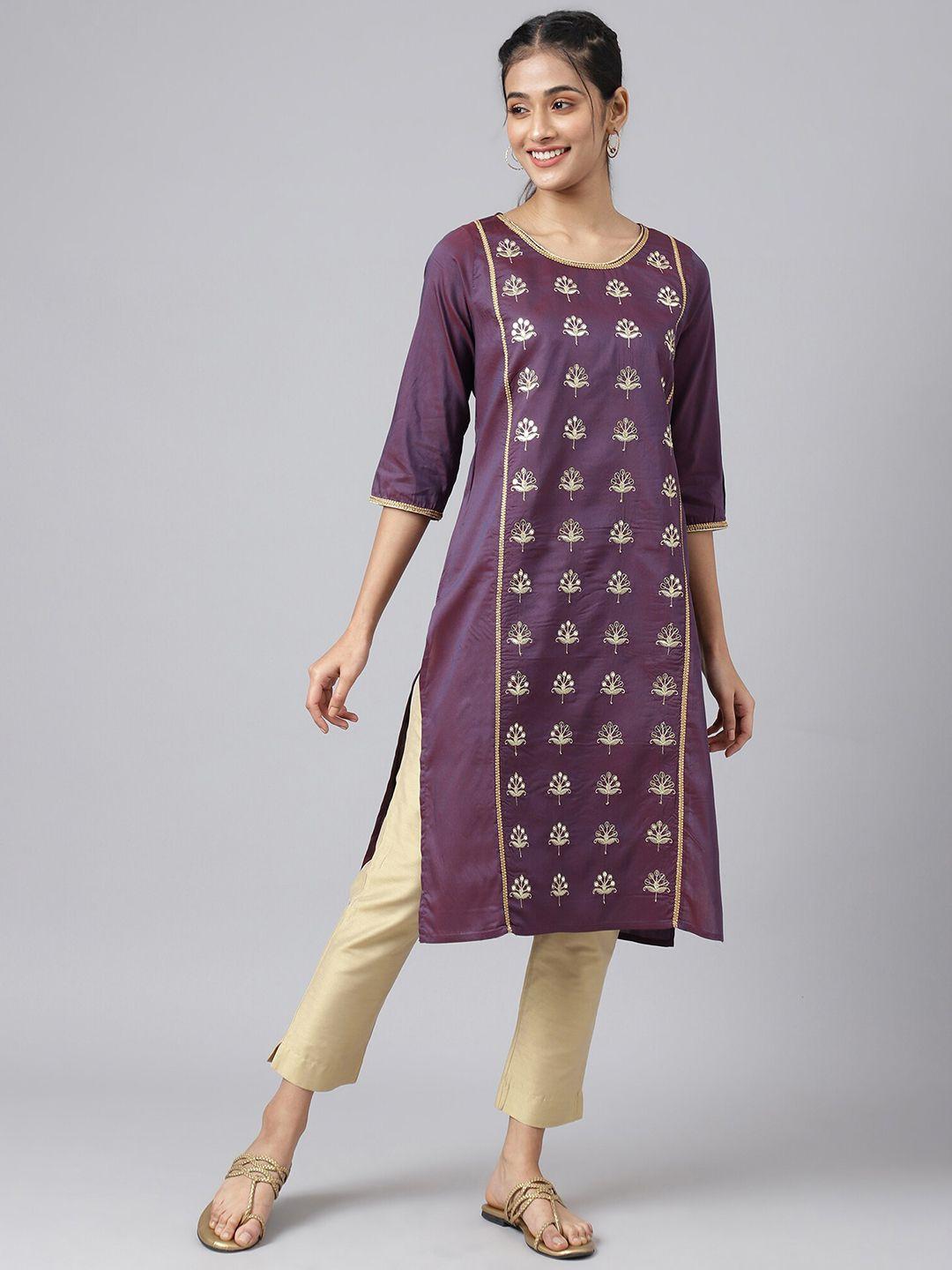 aurelia women purple floral thread work kurta