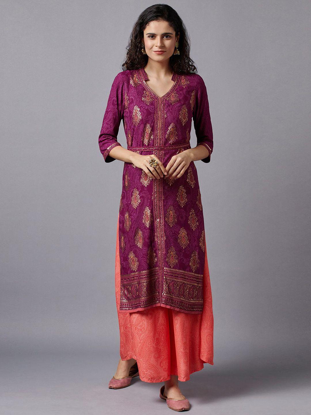 aurelia women purple paisley embroidered kurta