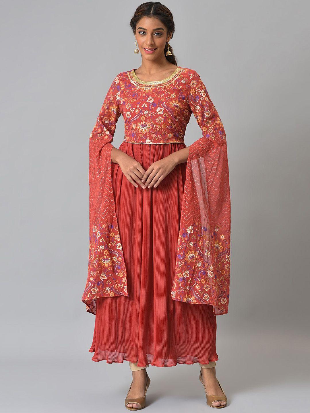 aurelia women red & gold floral printed anarkali kurta