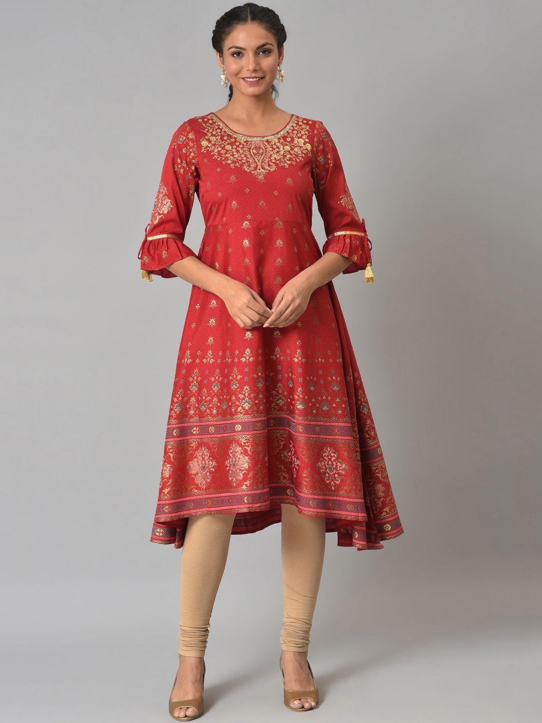 aurelia women red & gold-toned ethnic motifs printed anarkali kurta