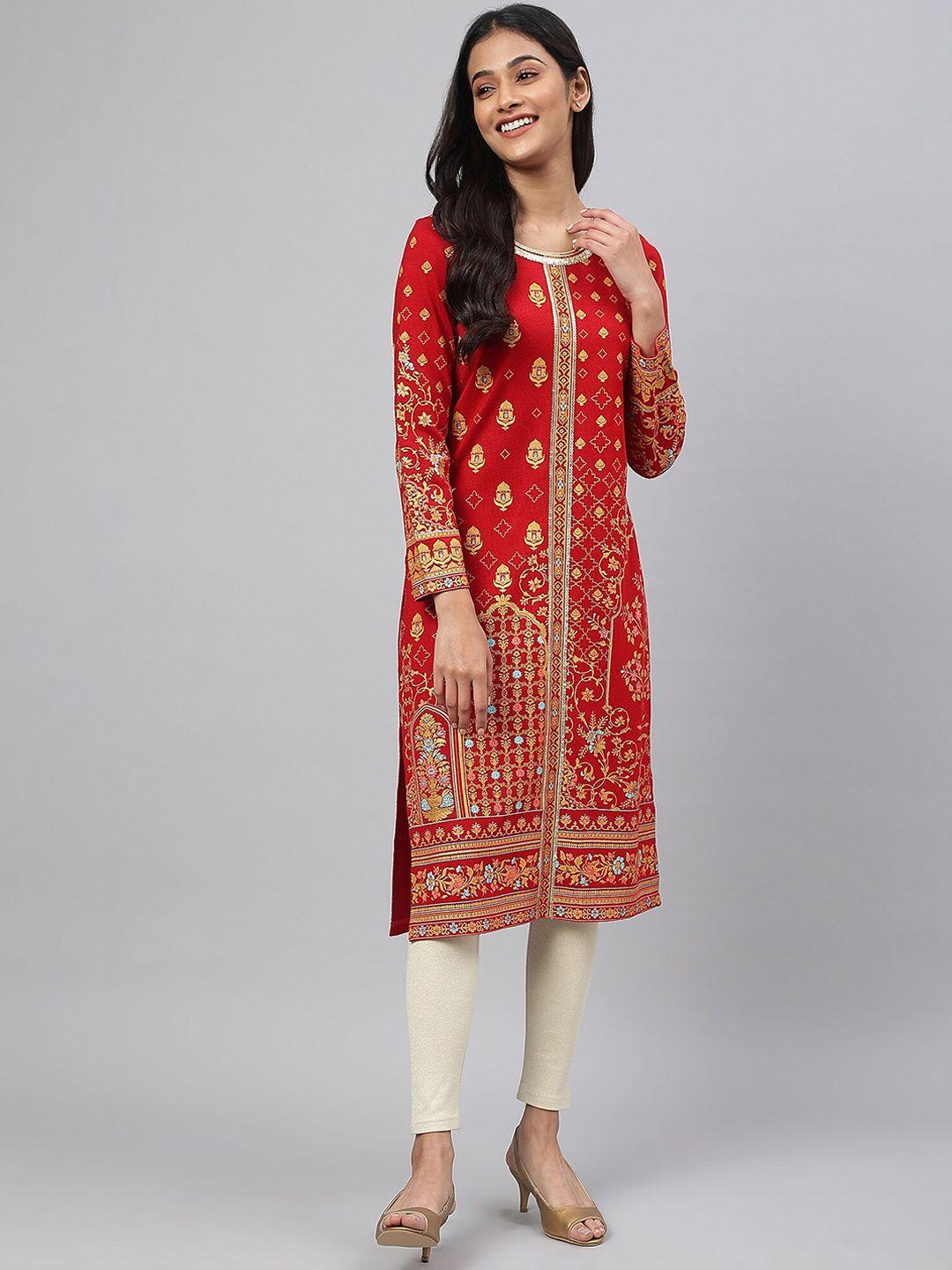 aurelia women red & gold-toned ethnic motifs printed kurta