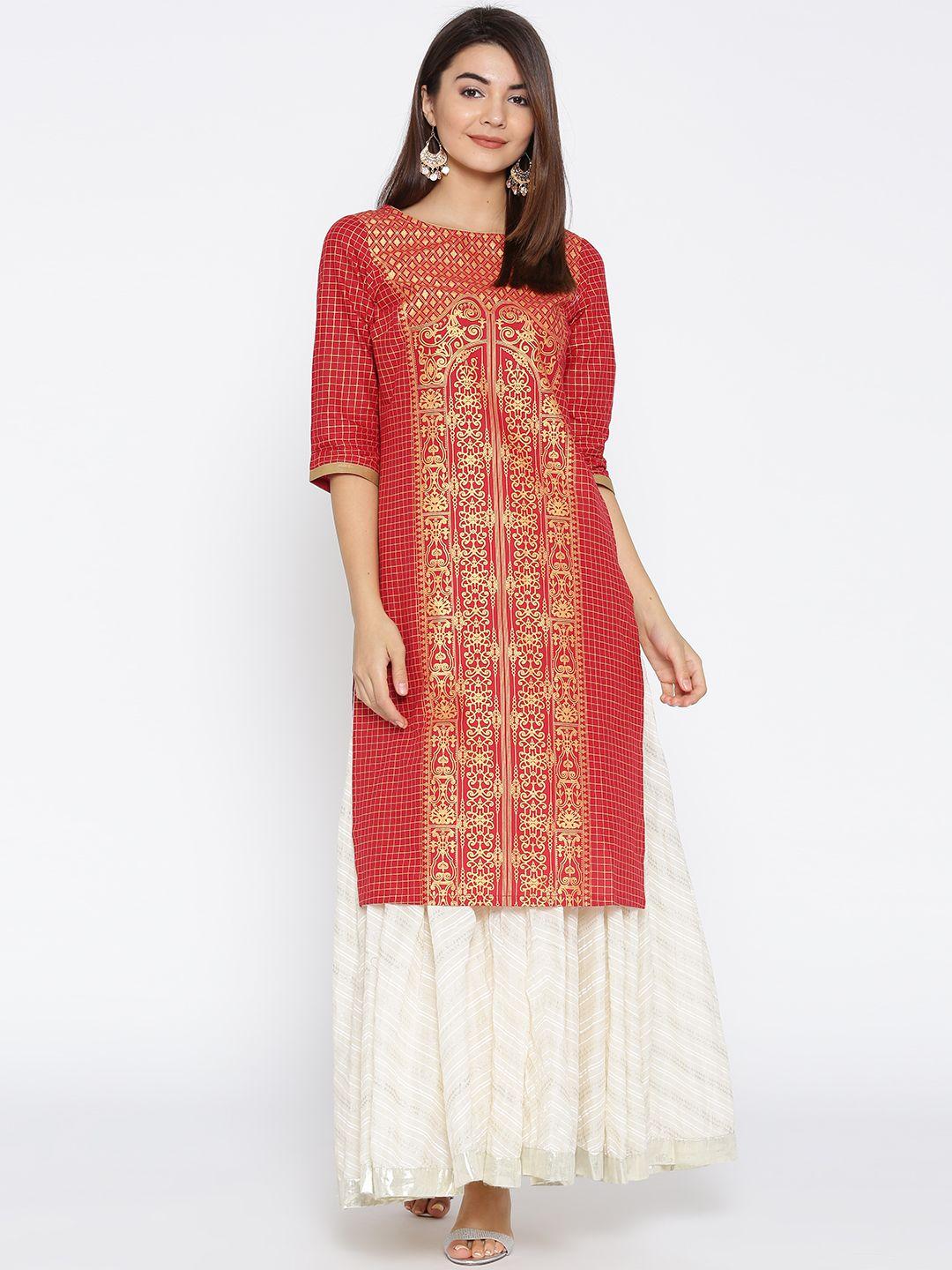 aurelia women red & golden printed straight kurta