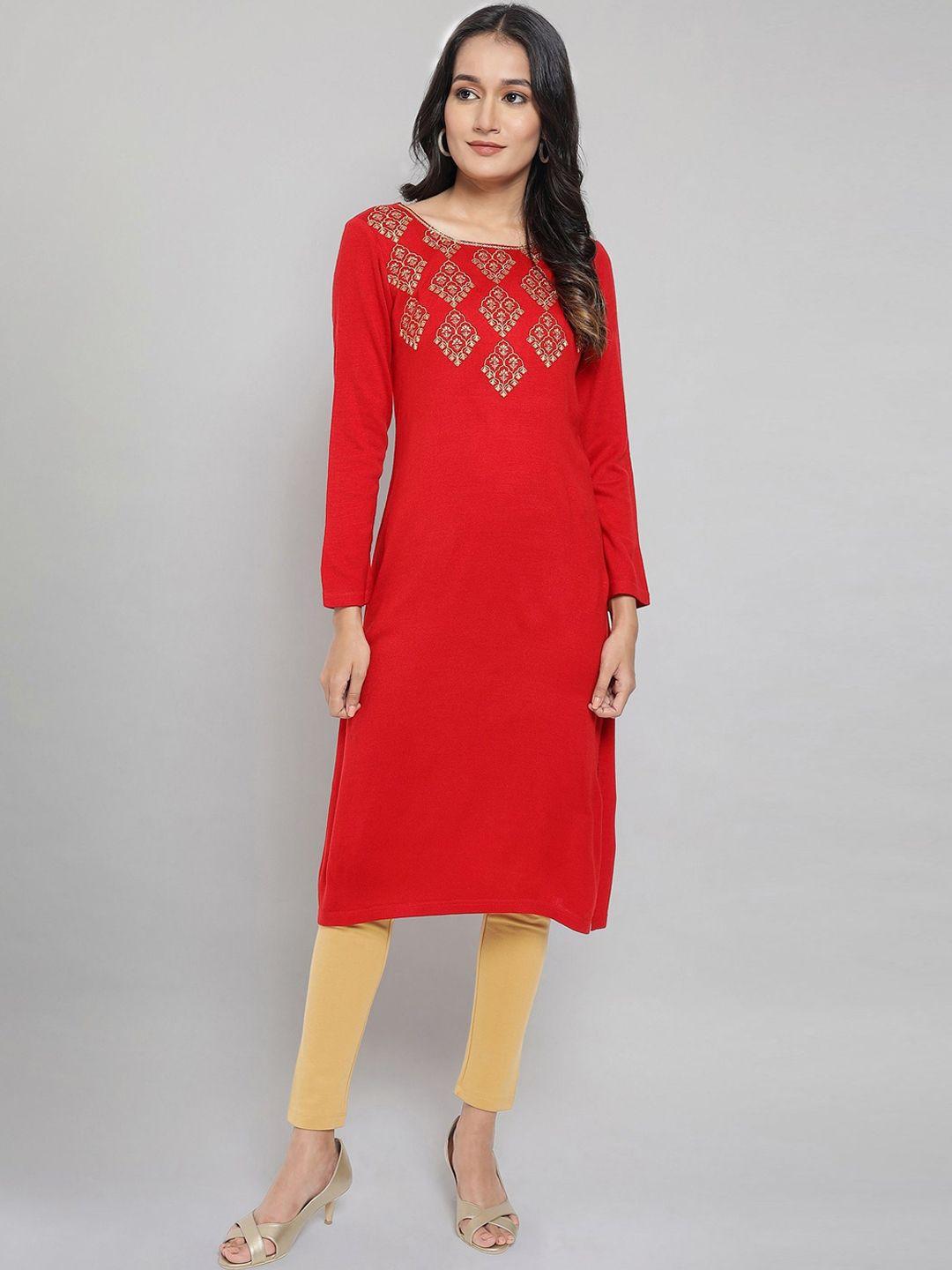aurelia women red embroidered flared sleeves thread work kurta