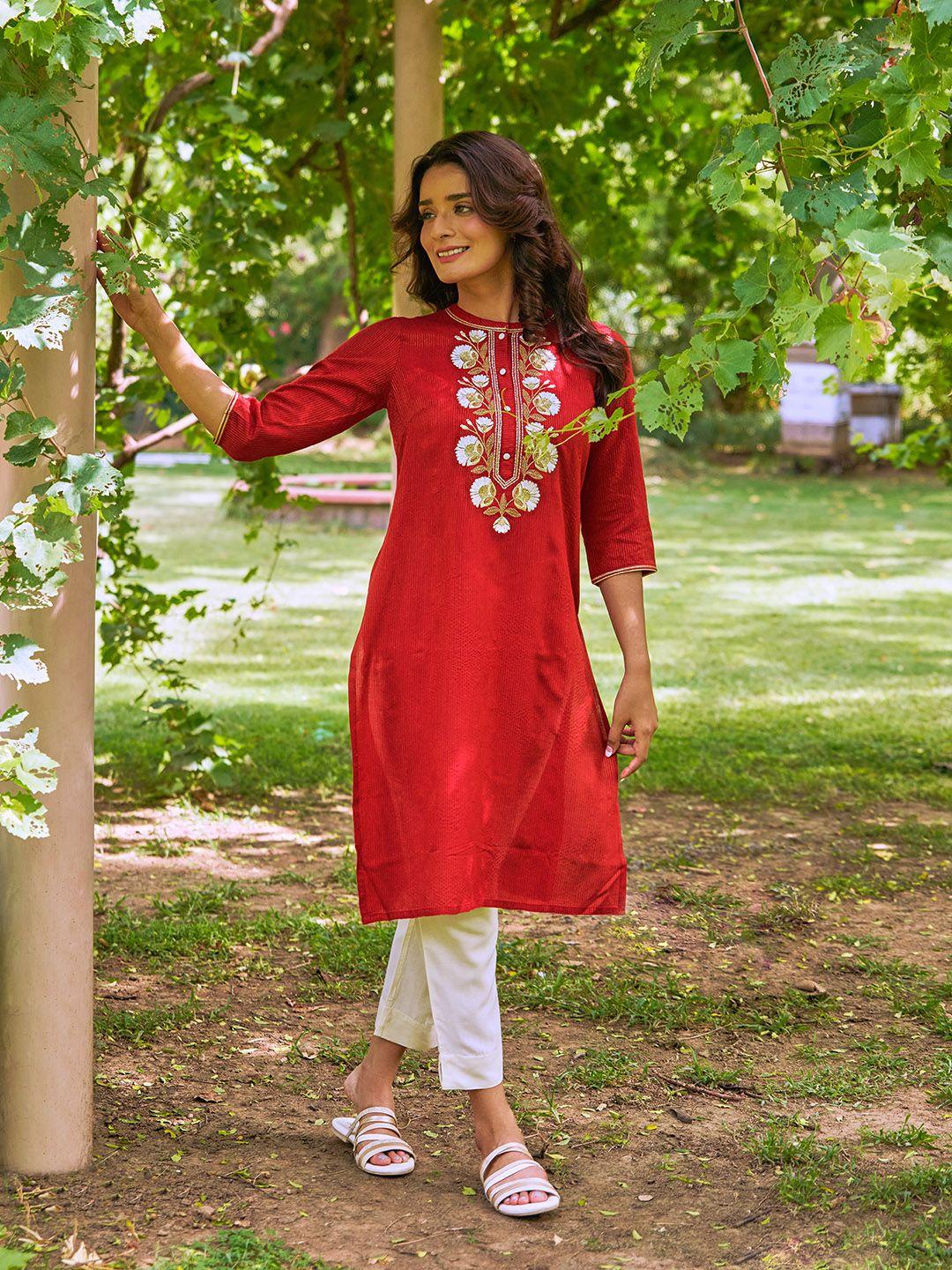 aurelia women red embroidered liva kurta with beige trouser pants