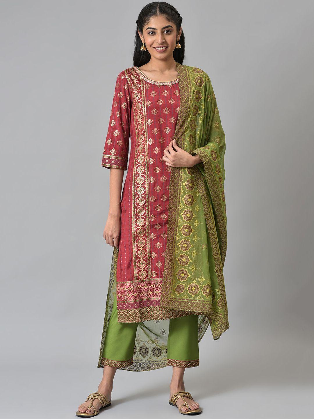 aurelia women red ethnic motifs printed kurta with trousers & with dupatta