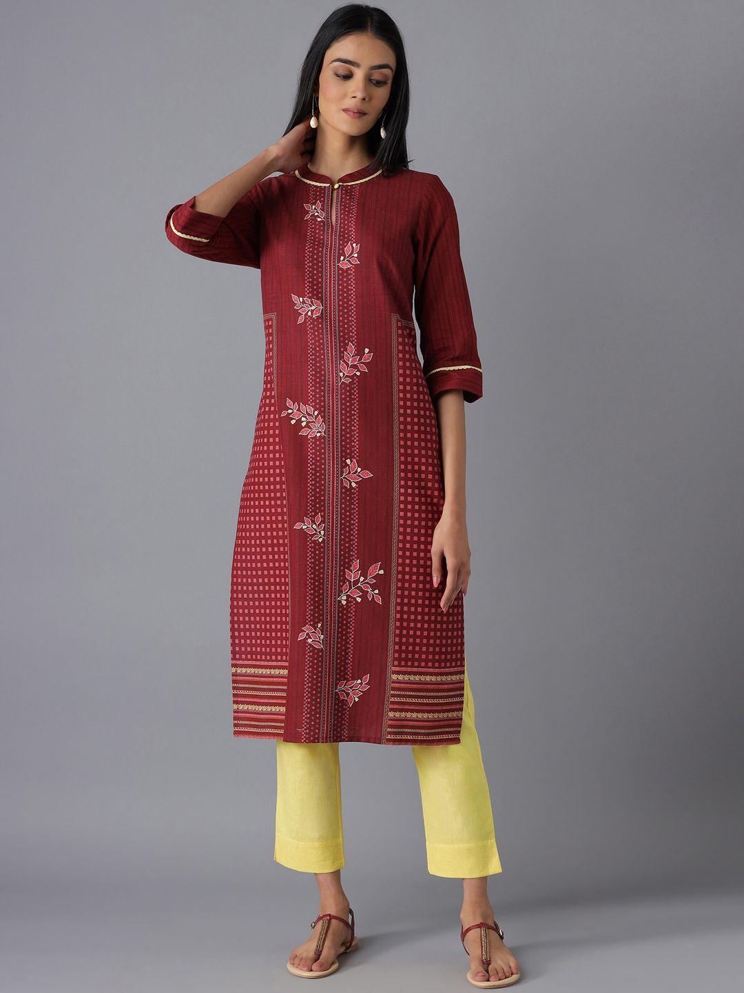 aurelia women red ethnic motifs printed thread work kurta