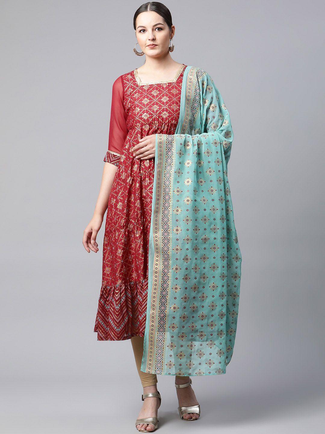 aurelia women red ethnic motifs printed tiered sequinned kurta with churidar & with dupatta