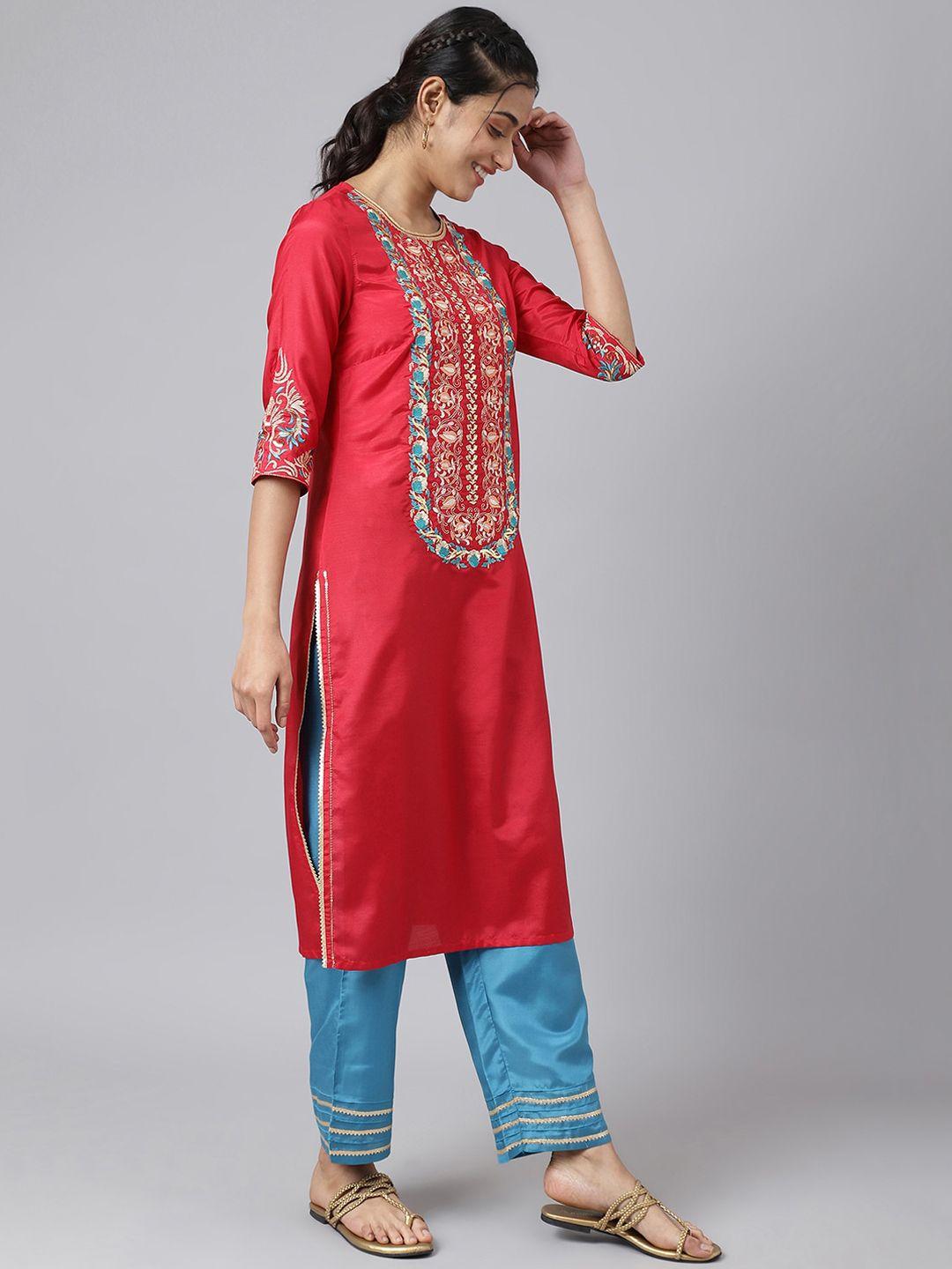 aurelia women red floral embroidered thread work kurta with trousers