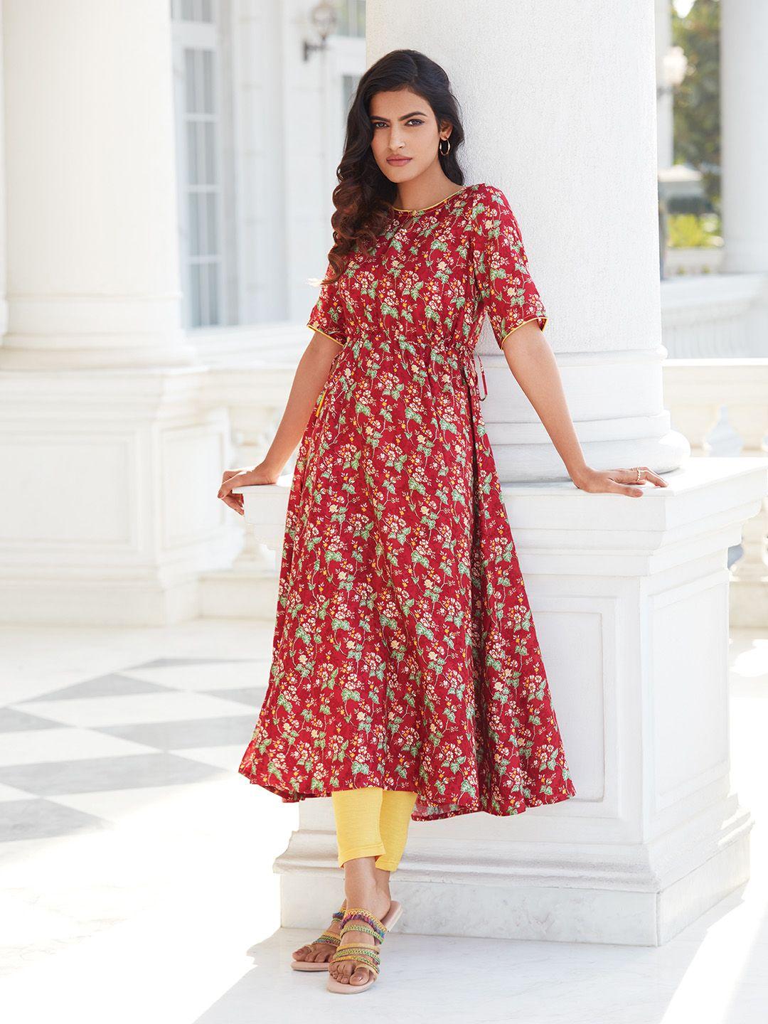 aurelia women red floral printed keyhole neck floral anarkali kurta