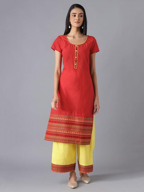 aurelia women red geometric print cotton kurta set with palazzos