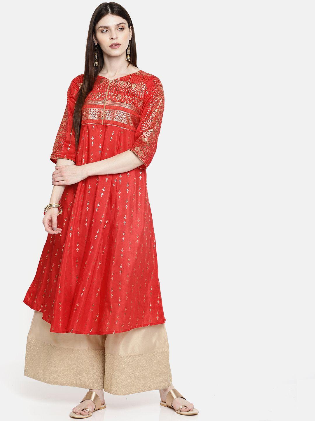 aurelia women red printed panelled a-line kurta