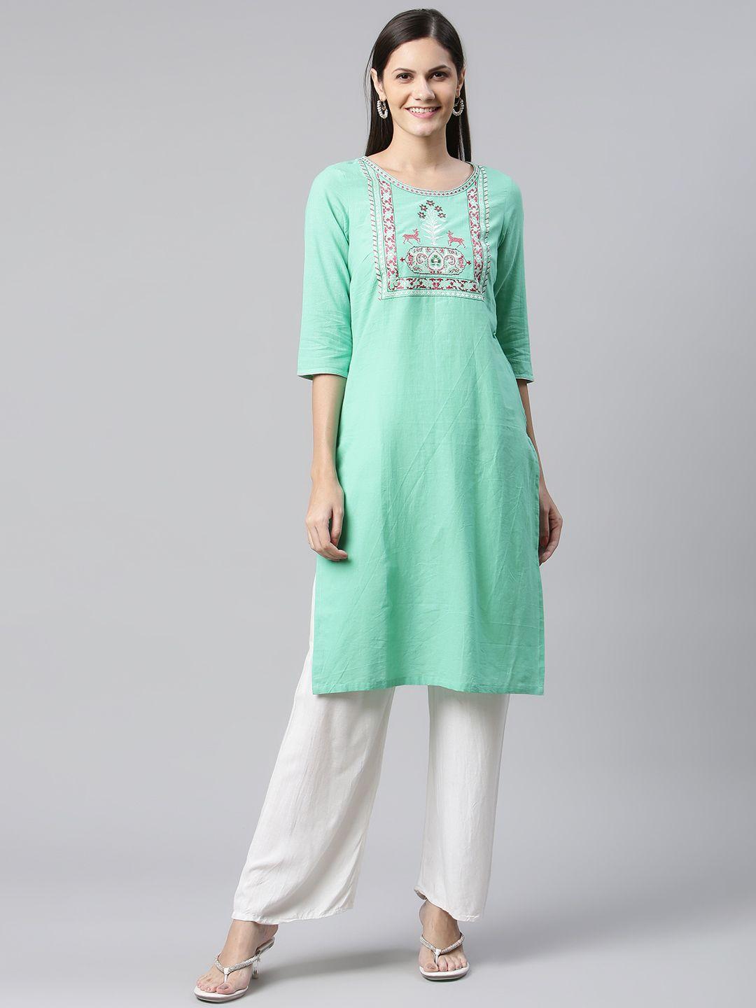 aurelia women sea green & white ethnic motifs embroidered thread work kurta