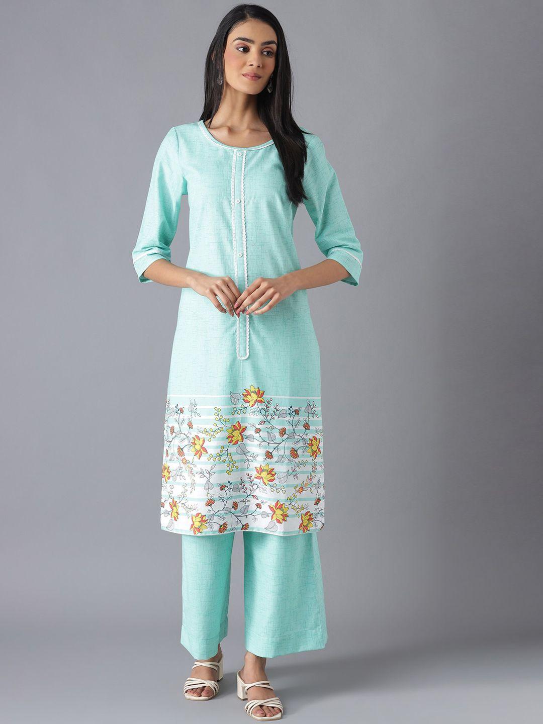 aurelia women sea green & yellow floral printed kurta with palazzos