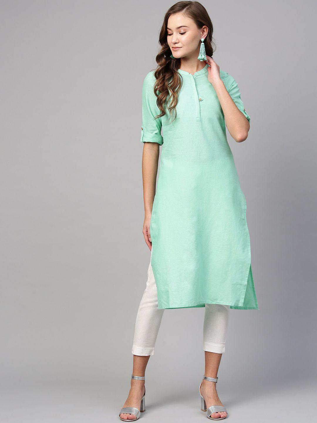 aurelia women sea green solid straight kurta