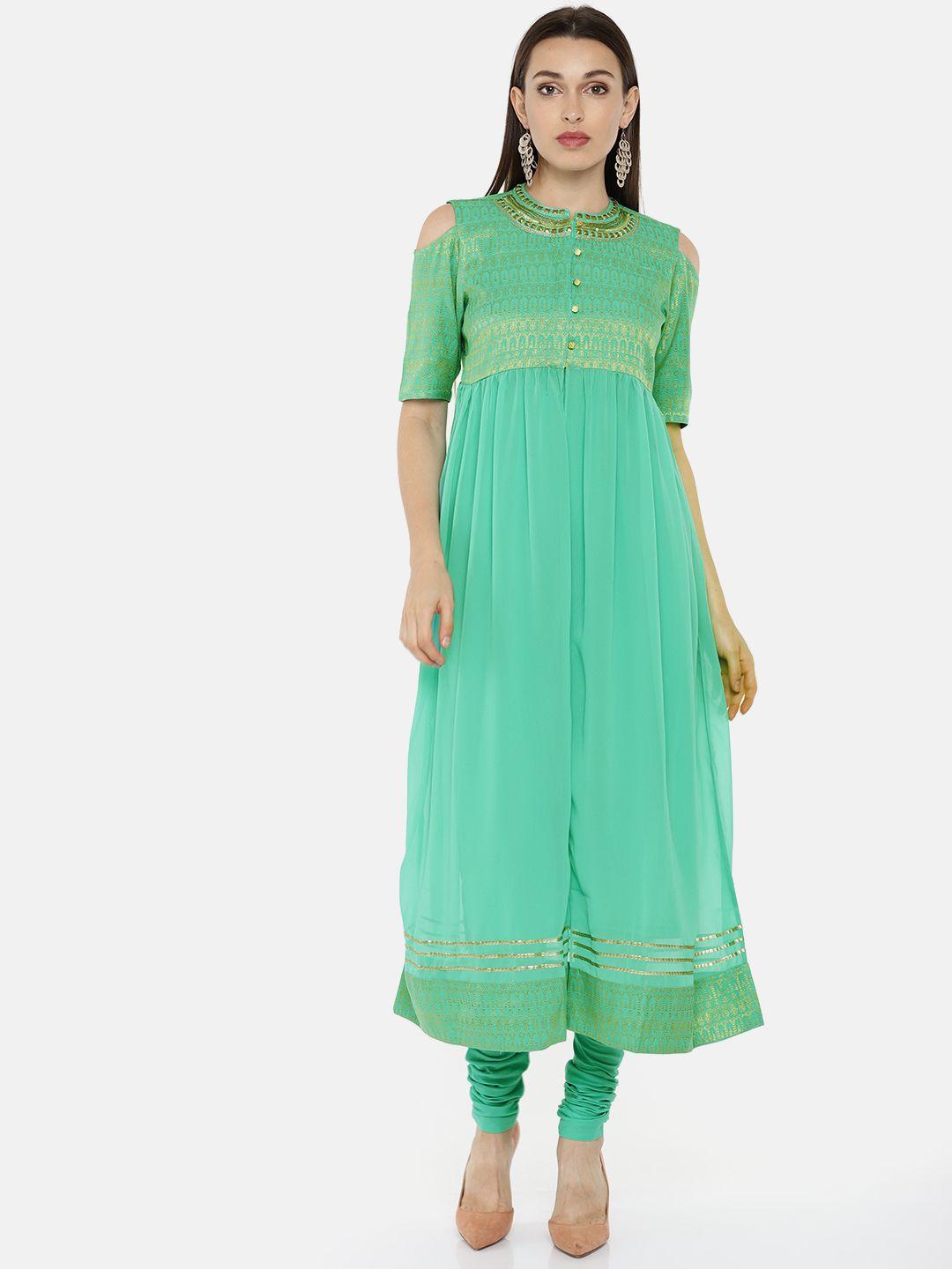 aurelia women sea green yoke design kurta with churidar