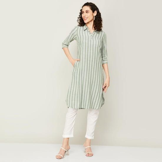 aurelia women striped collared straight kurta