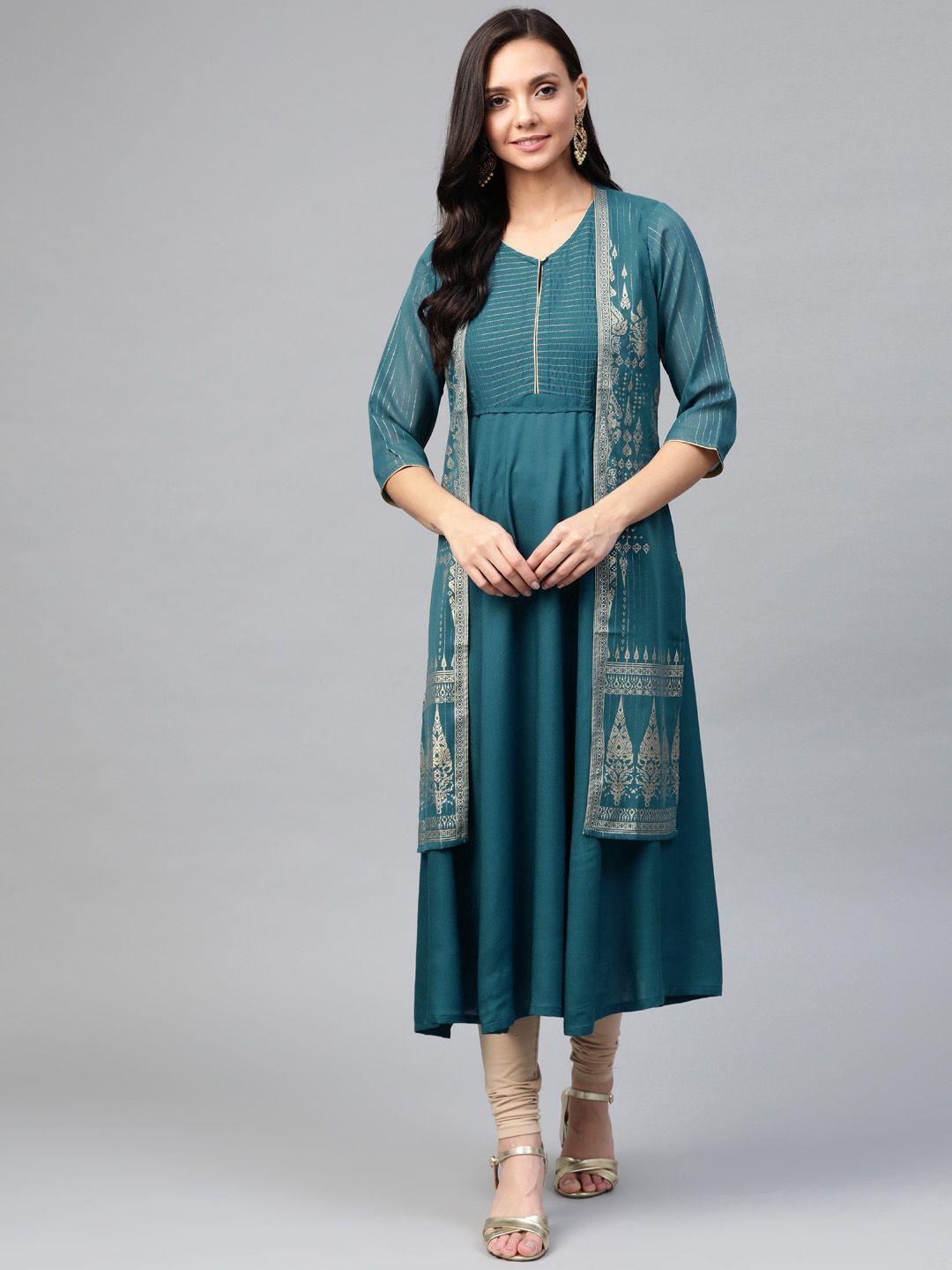 aurelia women teal blue & golden ethnic printed layered anarkali kurta