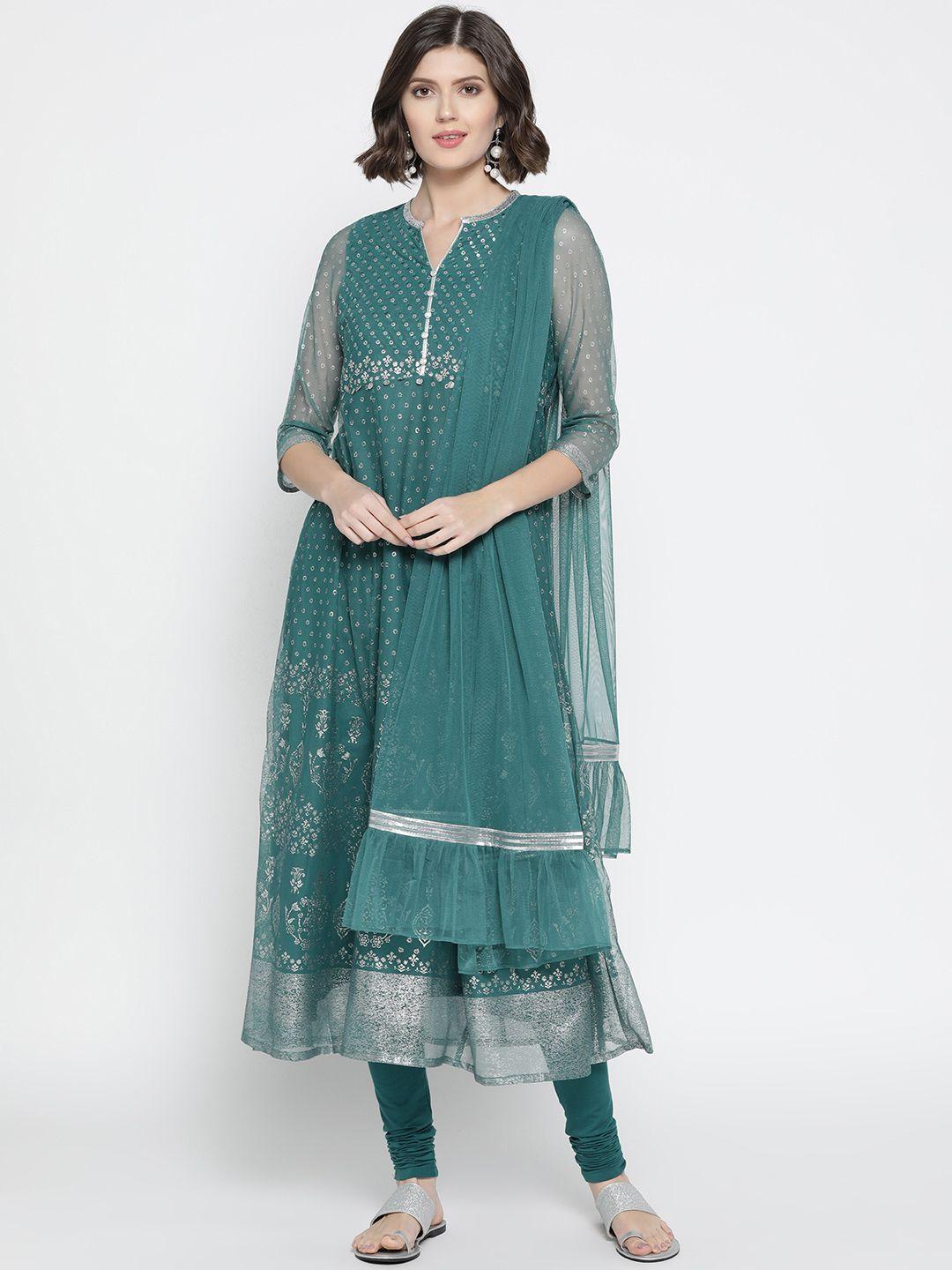 aurelia women teal blue & silver printed kurta with churidar & dupatta