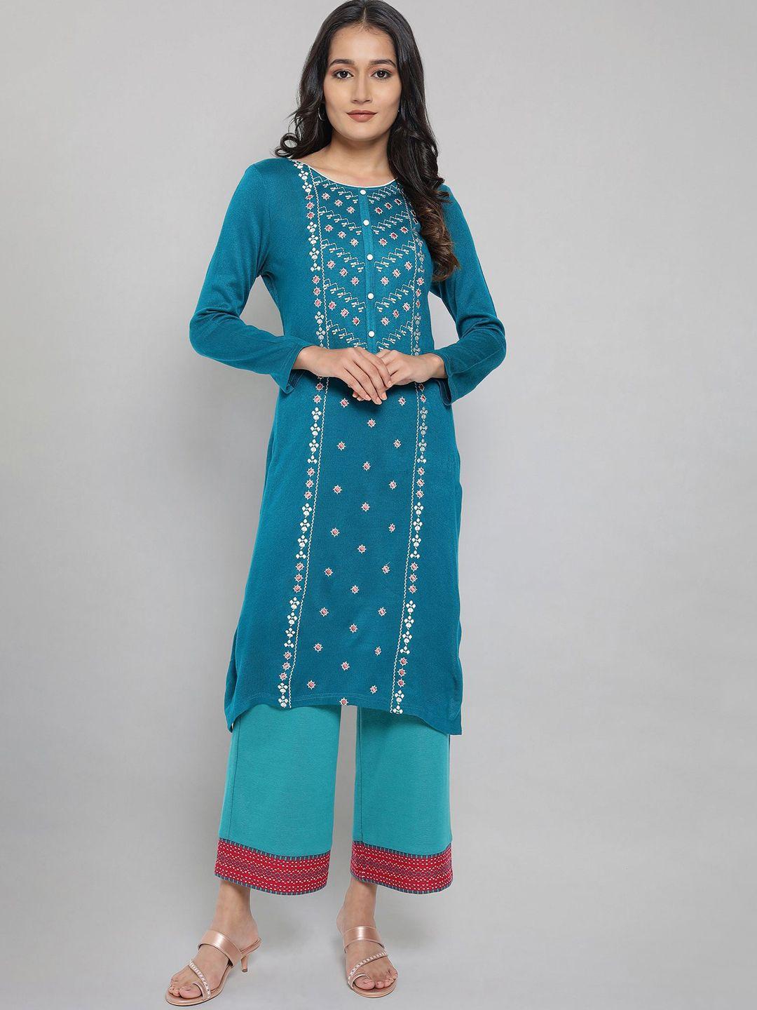 aurelia women teal embroidered kurta