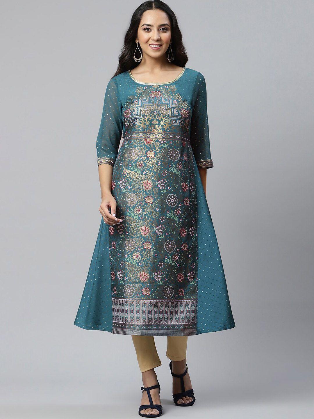 aurelia women teal floral printed floral kurta