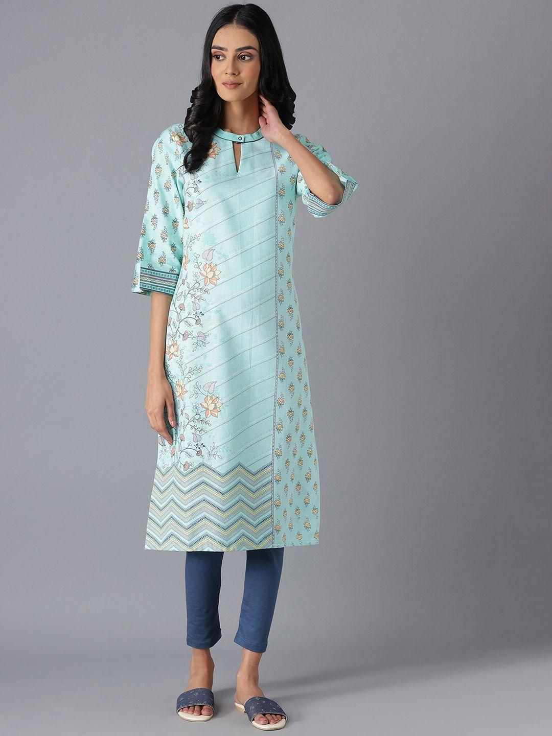 aurelia women teal floral printed keyhole neck regular sleeves kurta