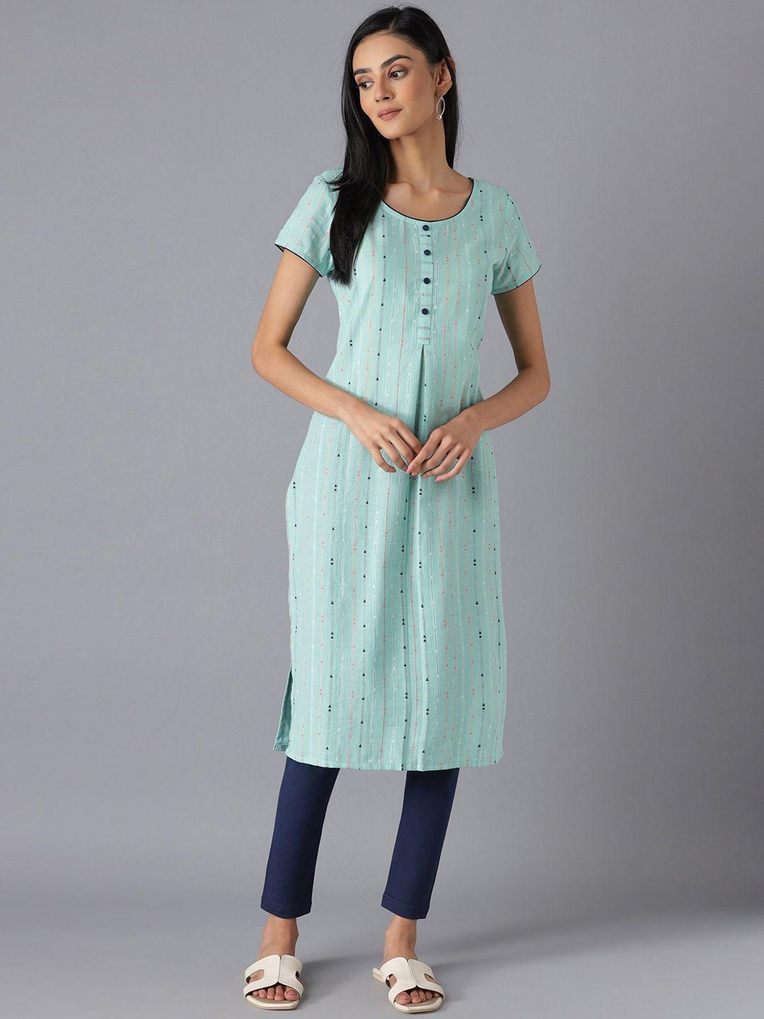 aurelia women teal green & pink geometric printed pure cotton kurta